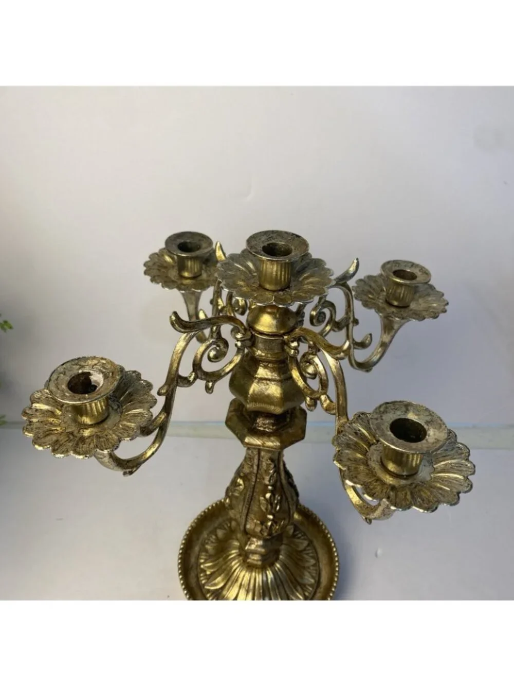 Vintage Villy Gold Ornate Cast Metal & Resin Candlestick Pillar Candle Holder